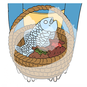 Ein Korb mit Gewürzen und einem Fisch.