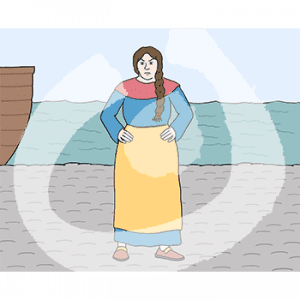 Eine wütende Frau in historischem Kleid und Schürze. Im Hintergrund ein Boot und Wasser.