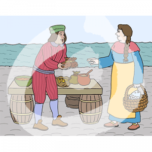 Eine Frau in historischem Kleid und Schürze steht mit einem Korb mit Fischen in der Hand vor einem Mann in historischem Anzug. Er hält zwei kleine Säcken in den Händen. Dahinter steht ein Tisch mit Waren. Im Hintergrund ist das Wasser.