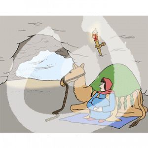 Eine Frau in historischem Gewand und Kopftuch. Sie sitzt an ein Kamel angelehnt in einer Höhle. An der Wand hängt eine Fackel.
