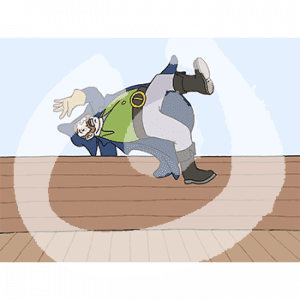 Ein wütender Mann in historischer Kapitätsuniform fällt rückwärts über die Reling eines Schiffes.