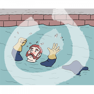 Ein wütender Mann in historischer Kapitätsuniform im Wasser.