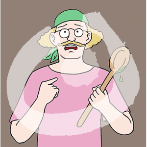 Portrait eines erschrockenen Mannes in Hemd und Kopftuch mit Kochlöffel in der Hand.