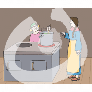 Eine Frau in historischem Kleid und Schürze steht vor einem Herd. Ein Mann in Hemd und Kopftuch rührt in einem Topf.