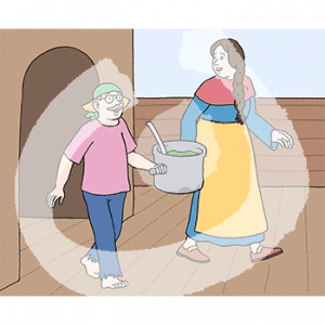 Eine Frau in historischem Kleid und Schürze und ein Mann in Hemd und Kopftuch tragen gemeinsam einen Topf an Deck eines Schiffes.