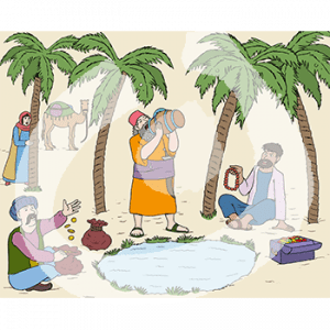 Drei Männer in historischen Gewändern sind zwischen Palmen vor einem Teich in der Wüste. Einer trinkt aus einem Krug, einer hält Schmuck in der Hand, der andere sitzt neben Säcken voller Münzen. Im Hintergrund steht eine Frau in historischem Gewand und Kopftuch hinter einer Palme, daneben ein Kamel.