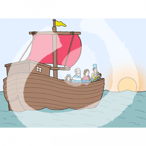 Eine Frau in historischem Kleid und Schürze, ein Mann in Hemd und Kopftuch, ein Mann mit gestreiftem Shirt und Holzbein und ein Mann in Mantel und Zylinder stehen an der Reling eines Schiffes. Das Schiff fährt auf dem Wasser in Richtung Sonnenuntergang.