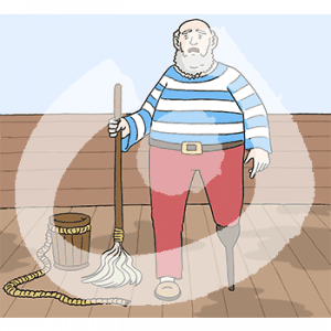 Ein erschrockener Mann mit gestreiftem Shirt und Holzbein. Er steht mit einem Feudel und einem Eimer an Deck eines Schiffes.