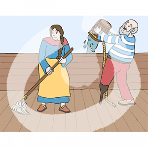 Eine Frau in historischem Kleid und Schürze wischt das Deck eines Schiffes. Ein Mann mit gestreiftem Shirt und Holzbein kippt ein Eimer Wasser über die Reling.