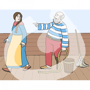 Eine Frau in historischem Kleid und Schürze geht von einem Mann mit gestreiftem Shirt und Holzbein weg. Er steht neben einem Eimer und einem Feudel an Deck eines Schiffes.