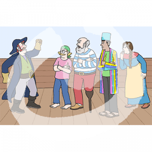 Ein wütender Mann in historischer Kapitätsuniform. Er steht mit erhobener Faust vor einer Frau in historischem Kleid und Schürze, einem Mann in Hemd und Kopftuch, einem Mann mit gestreiftem Shirt und Holzbein und einem Mann in Mantel und Zylinder an Deck eines Schiffes.