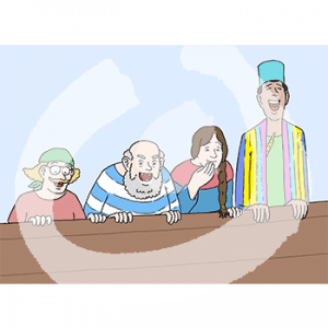 Eine Frau in historischem Kleid und Schürze, ein Mann in Hemd und Kopftuch, ein Mann mit gestreiftem Shirt und Holzbein und ein Mann in Mantel und Zylinder gucken lachend von einer Reling runter.