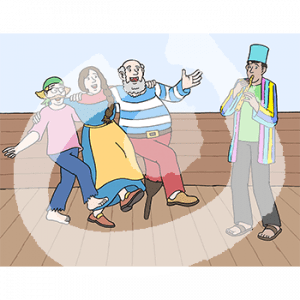 Eine Frau in historischem Kleid und Schürze, ein Mann in Hemd und Kopftuch und ein Mann mit gestreiftem Shirt und Holzbein tanzen Arm in Arm an Deck eines Schiffes. Ein Mann in Mantel und Zylinder spielt Flöte.