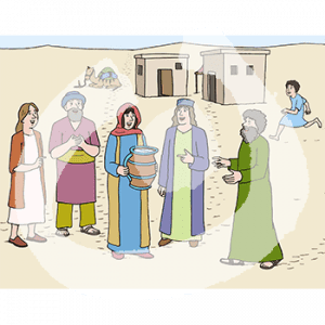 Fünf Personen in historischen Gewändern stehen zusammen in einer Wüste, im Hintergrund Häuser aus Stein. Eine Person hat einen Krug in der Hand.