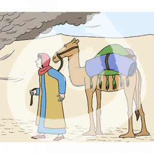 Eine Frau in historischem Gewand und Kopftuch läuft mit einem Kamel durch die Wüste. Vor ihr ist ein Sandsturm.