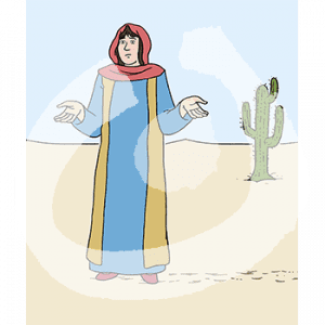 Eine Frau in historischem Gewand und Kopftuch steht mit seitlich erhobenen Armen in der Wüste.