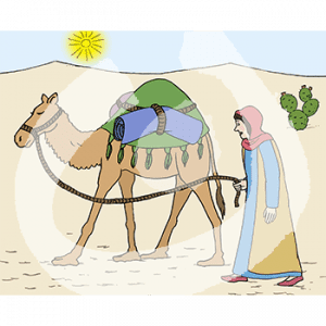 Eine Frau in historischem Gewand und Kopftuch läuft mit einem Kamel durch die Wüste. Die Sonne steht über den Dünen.