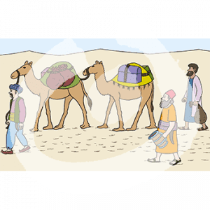 Drei Männer in historischen Gewändern laufen mit Kamelen und Säcken durch die Wüste.