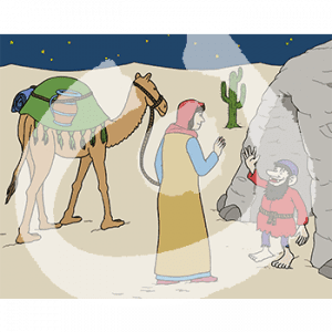 Eine Frau in historischem Gewand und Kopftuch steht mit einem Kamel bei Nacht in der Wüste vor einer Höhle. Vor der Höhle steht ein Zwerg.