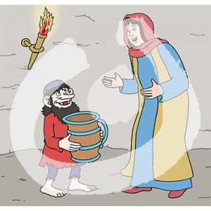 Eine fröhliche Frau in historischem Gewand und Kopftuch. Sie steht vor einem Zwerg in einer Höhle. Er hält einen Krug in den Armen.