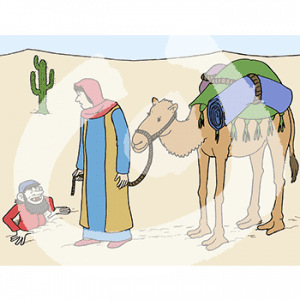 Eine Frau in historischem Gewand und Kopftuch. Sie läuft mit einem Kamel durch die Wüste. Vor ihr steckt ein Zwerg in einem Loch.