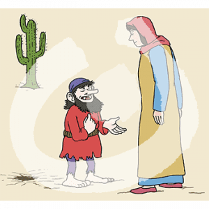 Eine Frau in historischem Gewand und Kopftuch steht vor einem Zwerg in der Wüste.