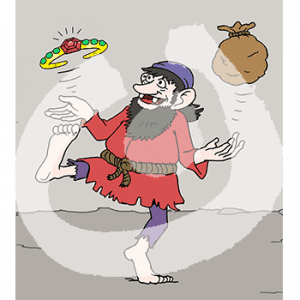 Ein Zwerg jongliert mit einem Ring und einem Sack.