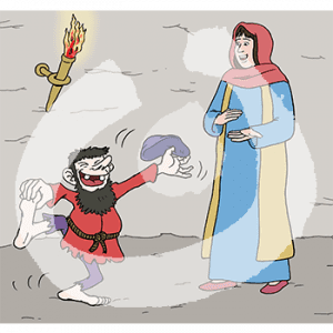 Eine Frau in historischem Gewand und Kopftuch. Sie steht neben einem tanzenden Zwerg in einer Höhle.