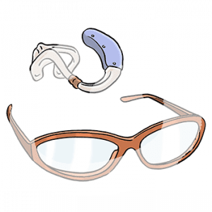 Ein Hörgerät und eine Brille.