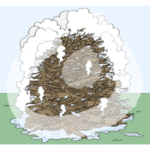 Ein großer, nasser und rauchender Haufen Holz.