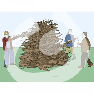 Drei Personen legen Holzstücke auf einen großen Haufen Holz.