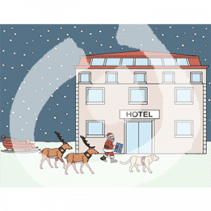 Ein Haus mit der Aufschrift: Hotel bei Nacht im Schnee. Eine Person in Weihnachtsmannuniform, zwei Rentiere und ein Hund gehen auf das Haus zu. Daneben steht ein Schlitten.