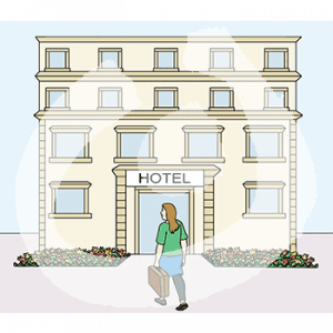 Eine Person geht auf ein hohes Gebäude mit der Aufschrift: Hotel zu.