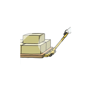 Eine Hand hält den Griff eines Hubwagens mit Kartons.