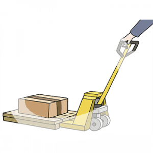 Eine Hand hält den Griff eines Hubwagens mit einem Karton.