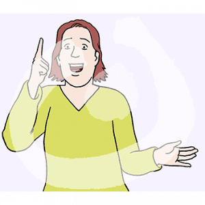 Eine fröhliche Frau in Portraitansicht hält einen Finger hoch.