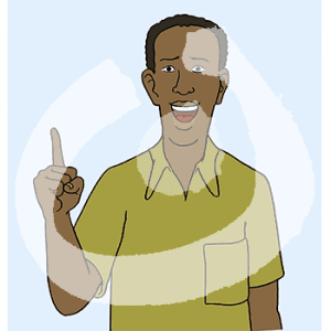 Eine fröhlicher Mann in Portraitansicht hält einen Finger hoch.