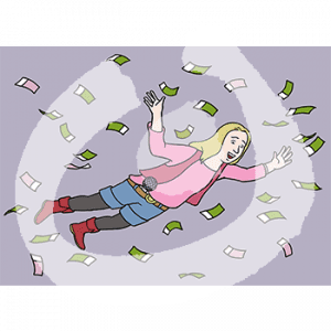 Eine Person fliegt in der Luft. Um sie herum fliegen Geldscheine.