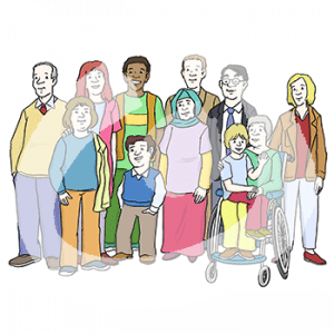 Eine Gruppe an unterschiedlichen Menschen. Zum Beispiel: eine Person sitzt im Rollstuhl, eine Person trägt einen Hijab, eine Person hat rote Haare.