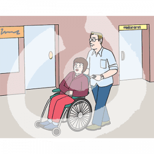 Eine Person schiebt eine Frau im Rollstuhl über einen glatten Bürgersteig.