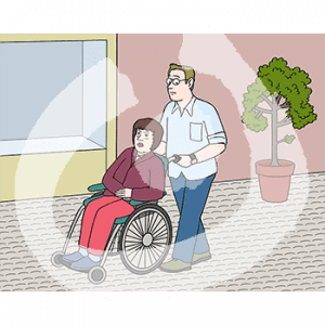 Eine Person schiebt eine Frau im Rollstuhl über einen holprigen Bürgersteig.