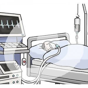 Eine Person liegt in einem Pflegebett. Sie ist angeschlossen an einen Monitor und eine Atemmaske.