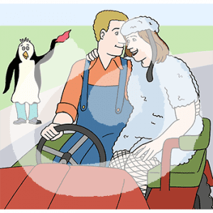 Eine Person in Verkleidung sitzt Arm in Arm mit einer Person in Latzhose auf einem Trecker. Im Hintergrund steht eine Person in Pinguinkostüm und winkt mit einem Tuch.