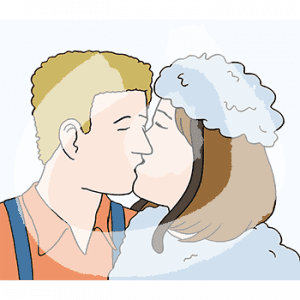 Portraitansicht von zwei Personen in Kostümen. Sie küssen sich.