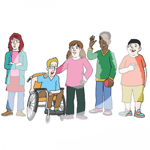 Fünf Jugendliche in einer Reihe. Einer sitzt im Rollstuhl.