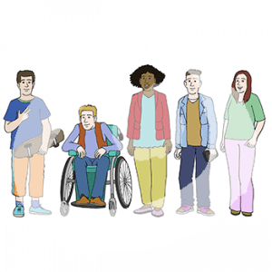 Fünf Jugendliche in einer Reihe. Einer sitzt im Rollstuhl.