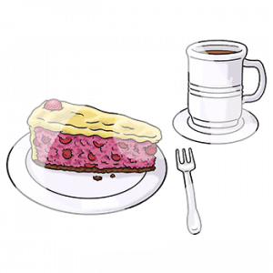 Ein Becher mit Kaffee und ein Teller mit einem Stück Kuchen. Daneben liegt eine Gabel.