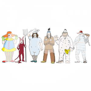 Sechs Personen in Kostümen. Zum Beispiel Clown, Teufel und Mumie.