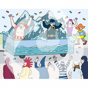 Sechs Personen in Kostümen stehen vor einem Karnevalswagen mit Wasser und Wellen. Dahinter zwei weitere. Auf dem Wagen steht eine Person in Badesachen und eine Person in Taucherausrüstung. Durch die Luft fliegen Bonbons.