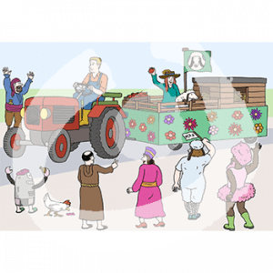 Fünf Personen in Kostümen stehen vor einem Karnevalswagen mit Stall und Zaun. Dahinter ein weiterer. Auf dem Wagen steht eine Person in Kostüm, daneben ein Schaf. Der Wagen wird von einem Trecker gezogen. Darauf sitzt eine Person in Latzhose und Gummistiefeln.